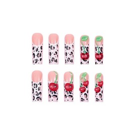 MISUD Press on Nails - Long Square Glue on Nails with Chettah French Tip, Acrylic 3D Cherry Design 24 pcs
