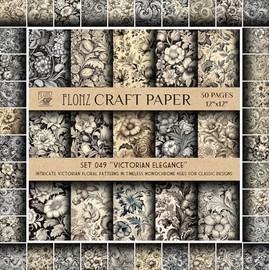 Scrapbook Paper (30 pages 12"x12") Victorian Elegance: Intricate Victorian Floral Patterns in Timeless Monochrome Hues for Classic Designs FLONZ Vintage Styled Double Sided Paper Pad for Craft