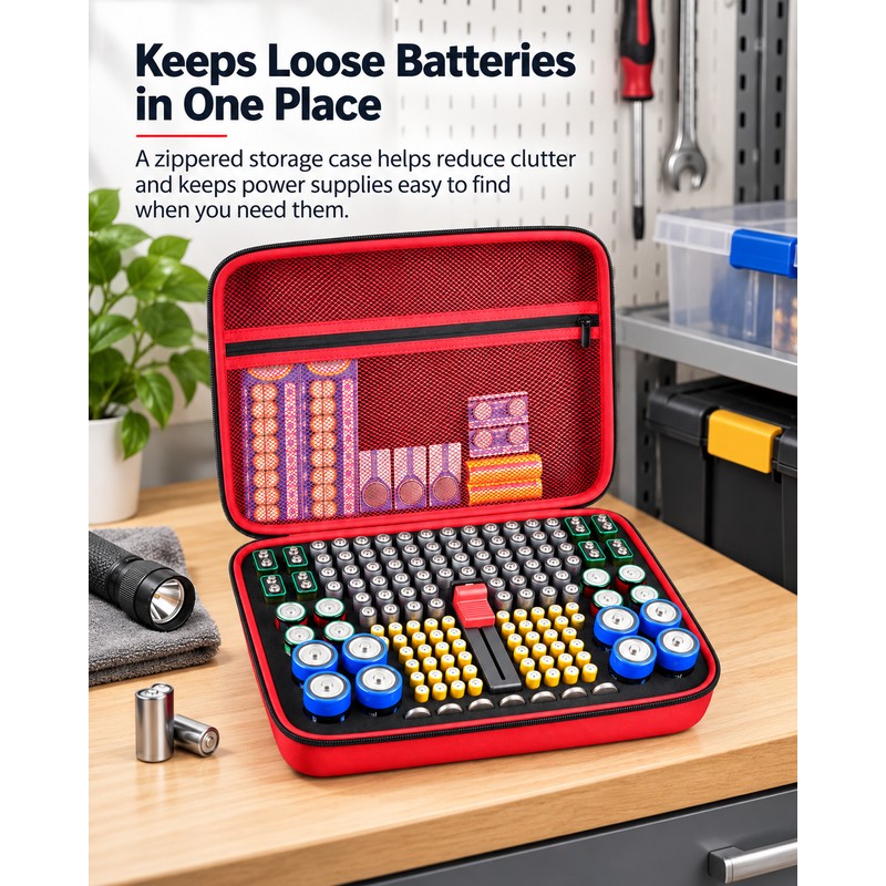 Battery Organizer Case with Tester for Home Storage – Hard-Shell