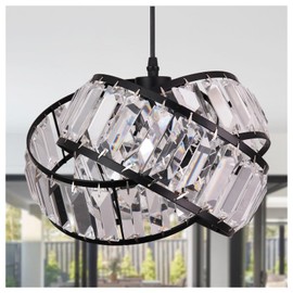 MPDITO Modern Crystal Chandelier Light Fixure Mid Century Modern Geometric Black Ring Chandelier Vintage Small Crystal Black Chandeliers for Dining Room, Kitchen Island, Bedroom, Foyer