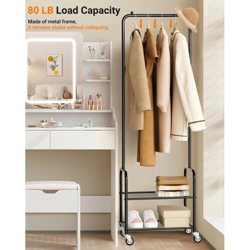 Aooda Small Clothes Rack with Shelves Metal Sturdy Rolling Clothing