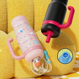 【COMOBEBE】24oz Stainless Steel Whale Fountain Tumbler with Handle – Two Lids, Spill-Proof, Dishwasher Safe, Cute & Perfect for Kids, Teens, and Adults:_Yellow Bear+ direct-drink straw tip