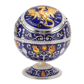 Ball Ashtray with Windproof Lid Retro Dragon Stereoscopic Relief Zinc Alloy Metal Home Decoration Craft Ornament Blue