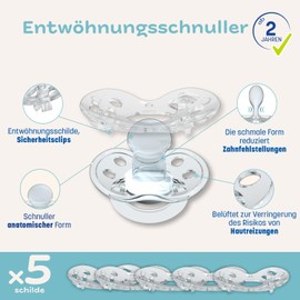 CLIPP - Clip Set Phosphorescent Pacifier - 5 Collars for Progressive Stop - Gradual Weaning, Easy and Gentle - Ages 2+