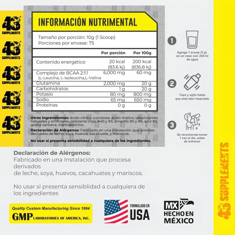 Bcaa S Glutamina 43 Supplements 75 Servicios 750 Gr Sabor