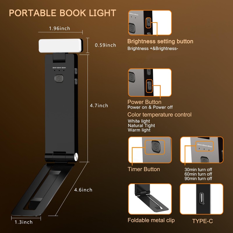 Book Lights,1500mAh Rechargeable Reading Light in Bed, 3 color Adjustable