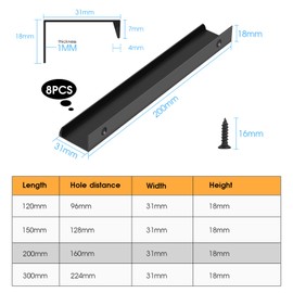 SWAWIS Pack of 8 200 mm Black Furniture Handles, Hidden Cabinet Handles de Aluminium Extrusion, Kitchen Handles 160 mm Distance from Holes, Kitchen Handles with Screws for Cabinets, Drawers,