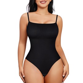 Nebility Women Seamless Shapewear Bodysuit Tank Top Sleeveless Tummy Control Waist Trainer Body Shaper Thong Cami Jumpsuit (Black Thong Bodysuit,Large)