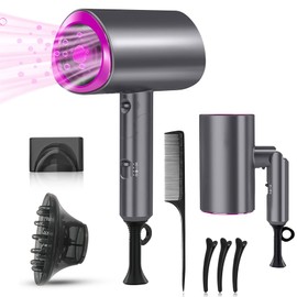 Secador de Pelo, Profesional de Iones Negativos De 1800W, con 3 Temperatura Ajustable (Frío y Caliente), Plegable con Boquillas y Difusor, Pinza de Pelo y Peine de Púas de Regalo - Gris