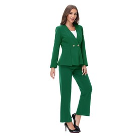 Lamgool Pants Suit for Women Dressy Casual 2 Piece Set V Neck Two Button Blazer Pants Set Business Casual Outfits(Green,XL)