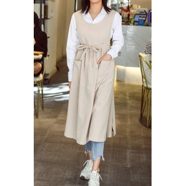 losofar Women Plus Size Cotton Linen Vintage Pleated Split Apron Pinafore Dress with Two Pockets (beige, 43.4" L)