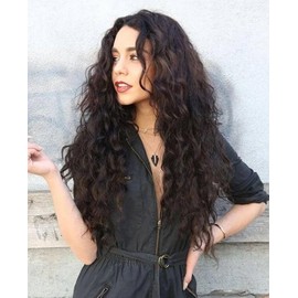 Fencca Long Curly Wigs for Women Black Soft Synthetic Wig 24inch Middle Part Layered Curly Wig