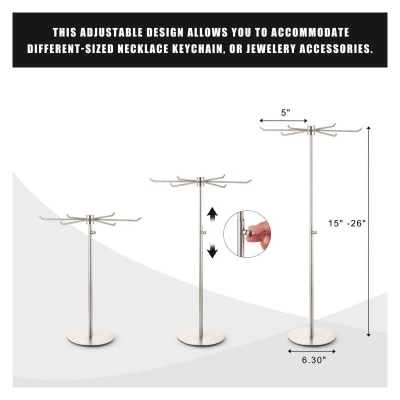 bjewego Rotating Keychain Display Stand - Height-adjustable Brushed Silver Metal