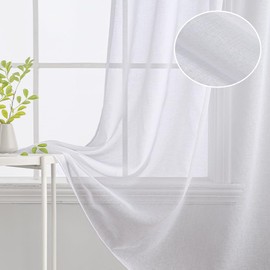 Woaboy Curtains with Ruffle Tape, Short Window Voile Curtains, Living Room, Transparent Sheer Curtains, Store Curtain, Bedroom, Modern Loop Curtains, Set of 2, 140 x 160 cm (W x H), White