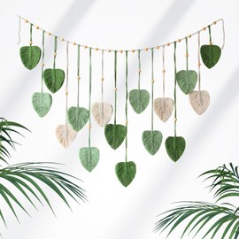 Qivine Makramee Wandbehang, Boho Deko Chic Wandteppich, Handgemacht Wohnungs Dekorationen, Gewebte Wanddeko, Blatt Feder Wanddeko für Wohnzimmer, Schlafzimmer, Balkon, 120 * 75 CM (grün)