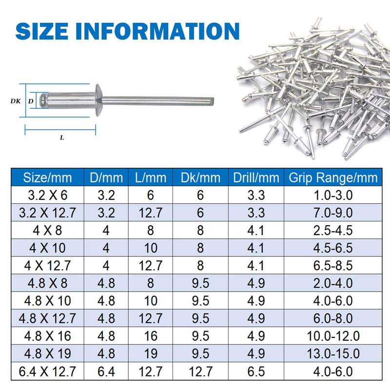 BESTYCHAO 100pcs 6.4mm x 12.7mm Large Aluminium Blind Rivet, Open