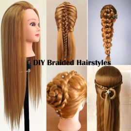 28" Braiding Practice Mannequin Head with 60% Human Hair - Includes 9 Hairdressing Tools & Clamp Stand, Ideal for Hair Styling, Cosmetology Training & Makeup Styling Practice (Dark Brown)