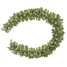 Hibean 9 FT by 12 Inch Christmas Garland,Pre-lit Garland with 50 Warm Lights, Classic Green Christmas Garland with 340 Branch Tips for Mantle, Fireplace, Stairs Railing, Front Door
