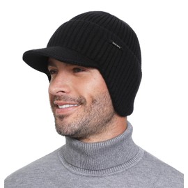 Wmcaps Mens Beanie with Brim and Ear Flaps, Windproof Fleece Lined Knit Winter Hat, Warm Outdoor Womens Wooly Hats, Gifts for Dad, Black