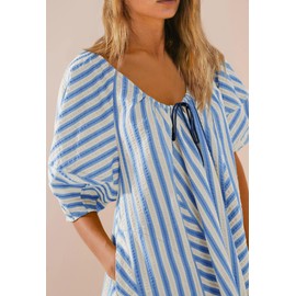 SENSERISE Womens Striped Romper Puff Sleeve Mini Shorts Romper Dress Beach Vacation Outfits with Pockets(Blue,XL)