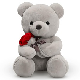 EUBSWA Teddy Bear with Rose Plush Toy 35 cm, Teddy Bears Plush Cuddly Toy Gifts for Children Girls Mother for Birthday, Valentine's Day, Grey