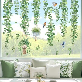 decalmile Window Sticker Hanging Vine Window Decals Green Leaves Plants Birds Anti-Collision Window Film Glass Window Decoration Sticker