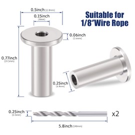 RiaYer 120 Pack T316 Marine Grade Stainless Steel Protector Sleeves for 1/8" Cable Railing Kit, Deck Railing Hardware for Wood Posts, Wire Rope Cable System, Easy Install