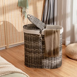 MAT EXPERT Rattan Laundry Hampers, Laundry Baskets with 2 Detachable Canvas Bags, Divided Laundry Hamper with Lids & Handles, Handwoven Oval Landry Bin, Clothes Hamper for Laundry Room/Bedroom (Grey)