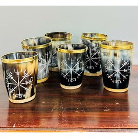 Royal Viking Drinking Horn Shot Glass Cup Brass Ring Genuine Handcrafted Viking Horn Cup Original Medieval Cup (SET OF 6)