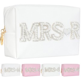 Aintmax Bride Patch MRS Letter Makeup Bag for Women Bridal Shower Bridesmaid Engagement Gift Pearl Rhinestone Make Up Bag for Wedding Waterproof Travel Toiletry Pouch White Cosmetic Bag (MRS-R)