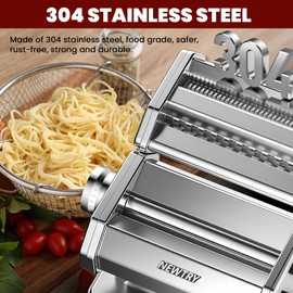 NEWTRY Electric Pasta Maker Machine Noodle Making Dough Roller Press with Detachable Motor 0.2-0.5mm Dough Sheet Thickness Adjustable 1.5mm Pasta 6mm Fettuccine Cutter 110volt for Home Use