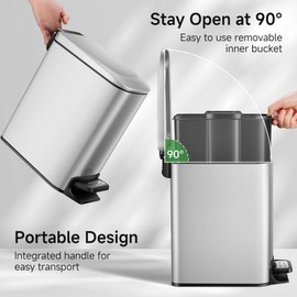 TIPGO Slim Bathroom Trash Can with Lid Soft Close, 6 Liter / 1.6 Gallon Stainless Steel Garbage Can with Removable Inner Bucket, Step Pedal, Small Trash Cans for Bedroom, Office, Kitchen (Silver)