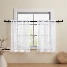 Cortinas de encaje blanco para cafetería de 24 pulgadas de largo, juego de 2 paneles - Cortinas de cocina florales campestres transparentes con bolsillo para barra, cortinas cortas para filtrar la luz