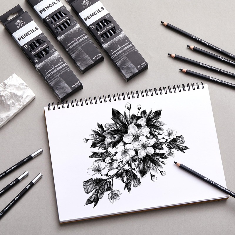 Geyoga 72 Pcs Professional Charcoal Pencils Bulk Soft Medium Hard