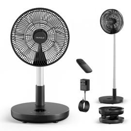 TriPole Foldable Standing Fan 12" Portable Rechargeable Battery Pedestal Fan with Remote, Timer Setting, Height Adjustable, for Home Office, 6 Speed, 12000mAh (Black)