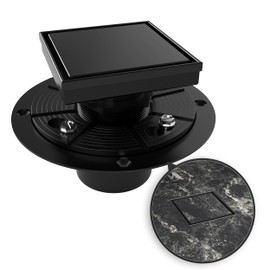 4 Inch Square Shower Drain Black Floor Drain with Flange Reversible 2-in-1 Cover Tile Insert Grate Removable SUS304 Stainless Steel CUPC Certified Matte Black