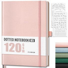 AHGXG Bullet Dotted Journal - Dot Grid Notebook Journal, 120 GSM Thick Acid-Free Paper, Large B5 Dotted Notebook 96 Pages, Leather Softcover, Inner Pocket, Journal Stencil, 7.6'' X 10'' - Rose Gold