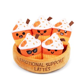 Emotional Support Lattes by Relatable, Fall Plushies Stuffed Animal Toy, Perfect Small Gift for Coffee Lovers, Gift Baskets, and Loved Ones of All Ages, Includes 5 Fall Plushies with Carrying Basket