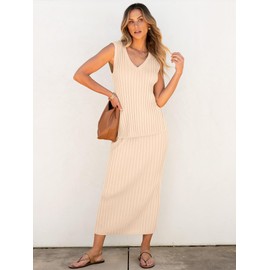 ANRABESS Women's 2 Piece Outfits Summer Sweater Skirt Sets Casual Sleeveless V Neck Ribbed Vest Knit Tops Midi Dress Small Beige
