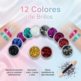 12 Colores Gel de Purpurina para Cuerpo y Rostro, Brillo Lentejuelas Sirena Maquillaje en Gel con Purpurina para Labios, Cabello, Ojos, Maquillaje de Festival y Decoración Corporal