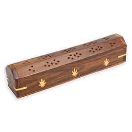 2 Pack - Incense Stick Holder - Coffin Style - Wood Incense Stick Burner with Kush Inlays (Natural) Handmade with Brass Inlays
