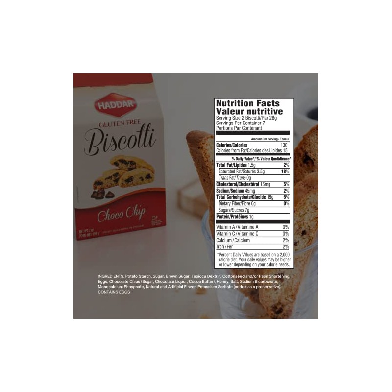Haddar Gluten Free Chocolate Chip Biscotti, 7 oz, Grain Free,