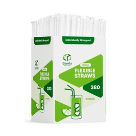 Comfy Package Individually Wrapped Disposable Plastic Flexible Drinking Straws - BPA Free - White [380 Pack]