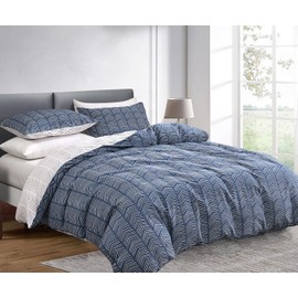 SLEEPBELLA Comforter Queen Size, 600 Thread Count Cotton White & Navy Geometric Patchwork Reversible Pattern Blue Comforter Set,Down Alternative Bedding Set 3Pcs (Queen, Chevron)