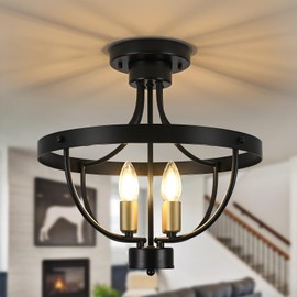 Badiegh 4 Light Black and Gold Semi Flush Mount Ceiling Light,Farmhouse Chandeliers, Industrial Rustic Ceiling Light Fixture, Height Adjustable E12 Base Vintage Lighting for Dining Room Foyer Kitchen