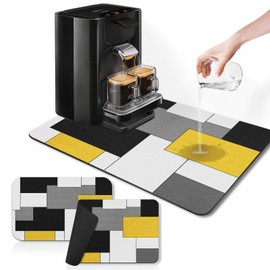 Arttown Coffee Mat for Countertops, Yellow Black White Grey Modern Dish Drying Mat 2 Pcs for Kitchen Coffee Bar Accessories, Fit Under Coffee Maker Espresso Machine Dish Rack Hide Stain Rubber 12x19in
