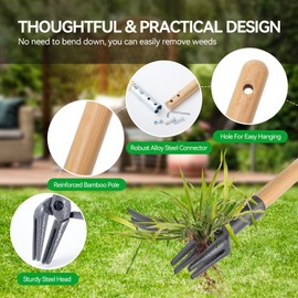 Weed Puller Stand-Up Weed Puller Tool with Long Handle & 4-Claw Steel Head Manual Weed Remover Tool for Lawn and Garden (Bamboo)
