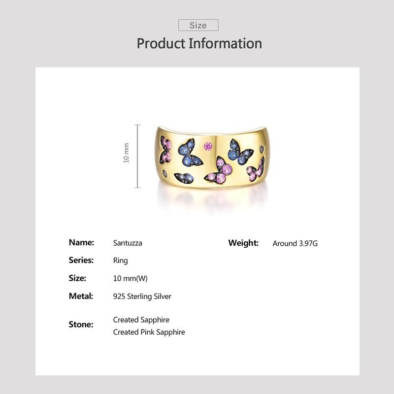Santuzza 925 Sterling Silver Butterfly Ring Created Sapphire Ring for