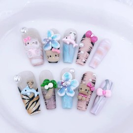Handmade Press On Nails Long Coffin Surfing Girls Blue Brown with Full Covered Cute Cat Fish Flowers Bows Reusable Fake Nails 10Pcs Size M