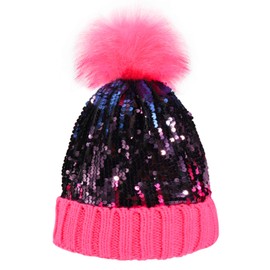 Homiton Women Sequin Knitted Beanie Hat with Faux Fur Pom-Pom Shiny Bling Skull Cap (A-Hot Pink)